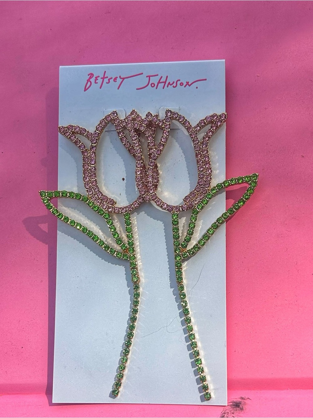 Betsey Johnson Flower Earrings Pink Tulip Crystal Rhinestone Statement NEW $68